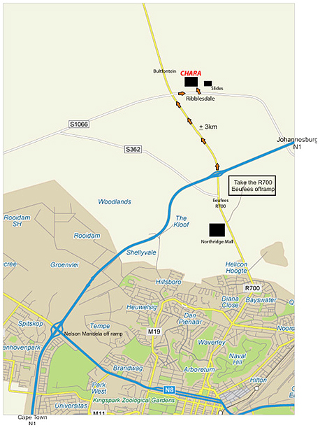 Map to find Chara Guesthouse in Bloemfontein.